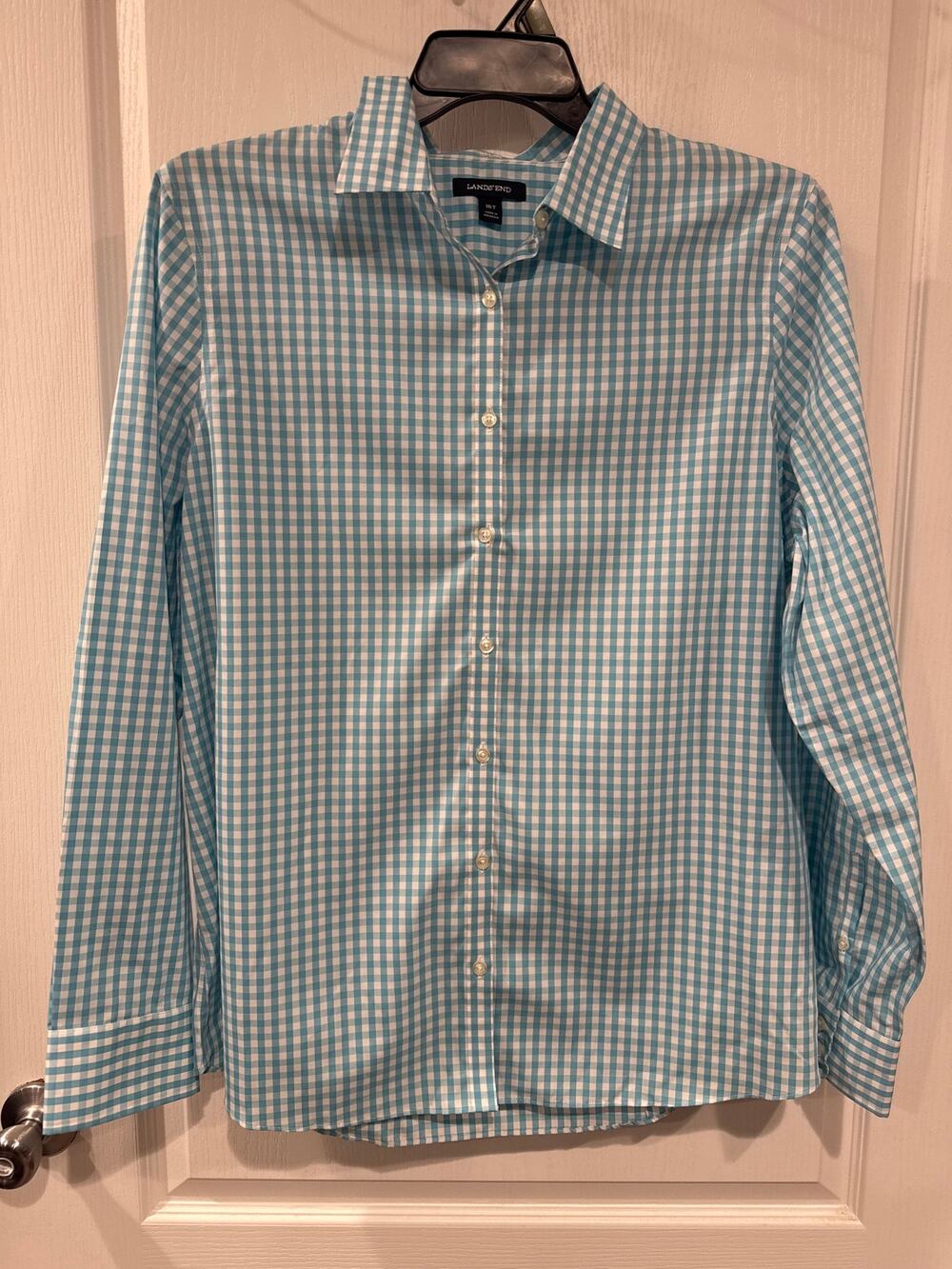 Lands End Women’s 16Tall Aqua Blue Gingham Plaid Button Down Dress Shirt